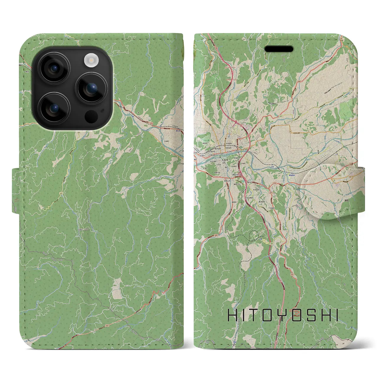 【人吉（熊本県）】地図柄iPhoneケース（手帳タイプ）ナチュラル・iPhone 16 用