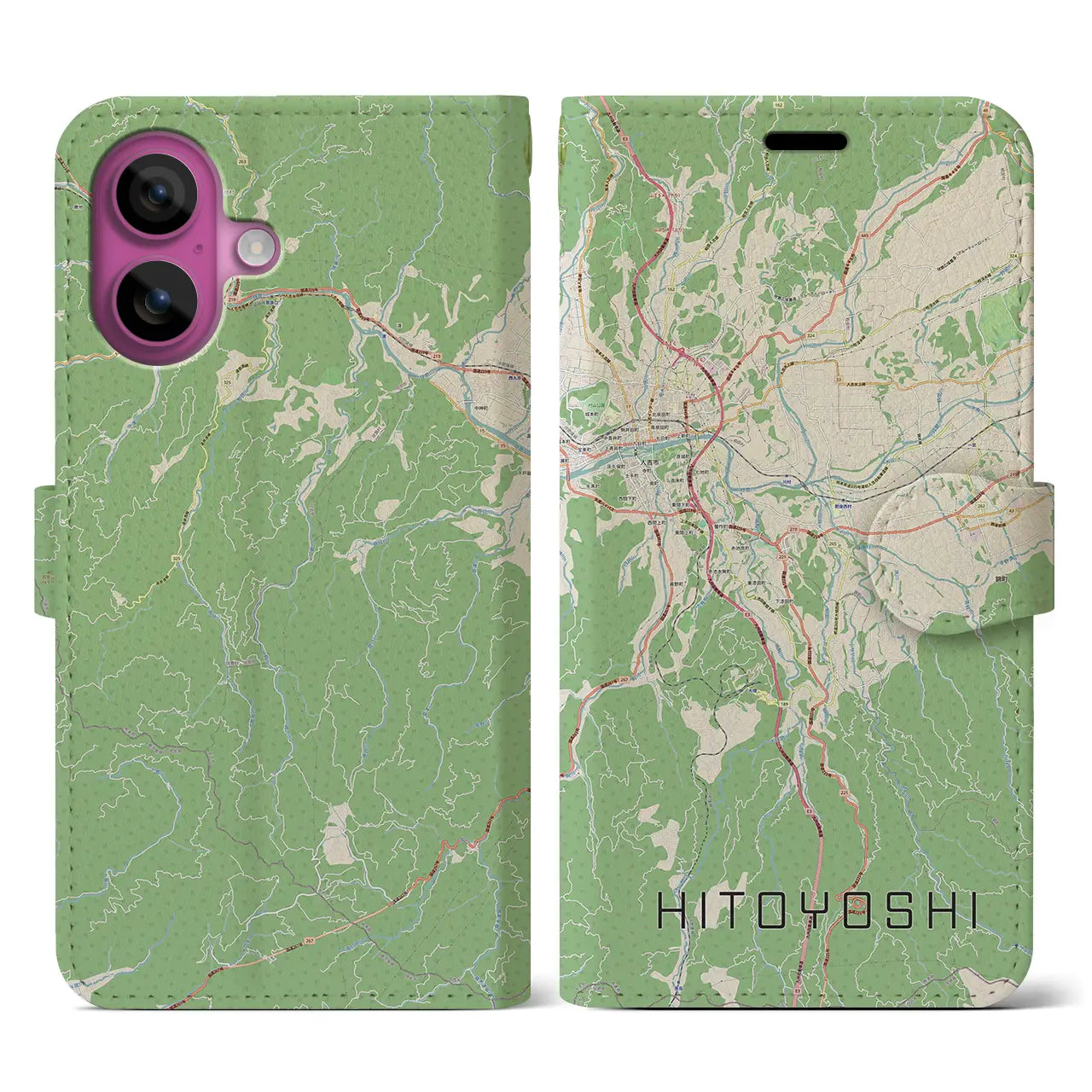 【人吉（熊本県）】地図柄iPhoneケース（手帳タイプ）ナチュラル・iPhone 16 Pro 用