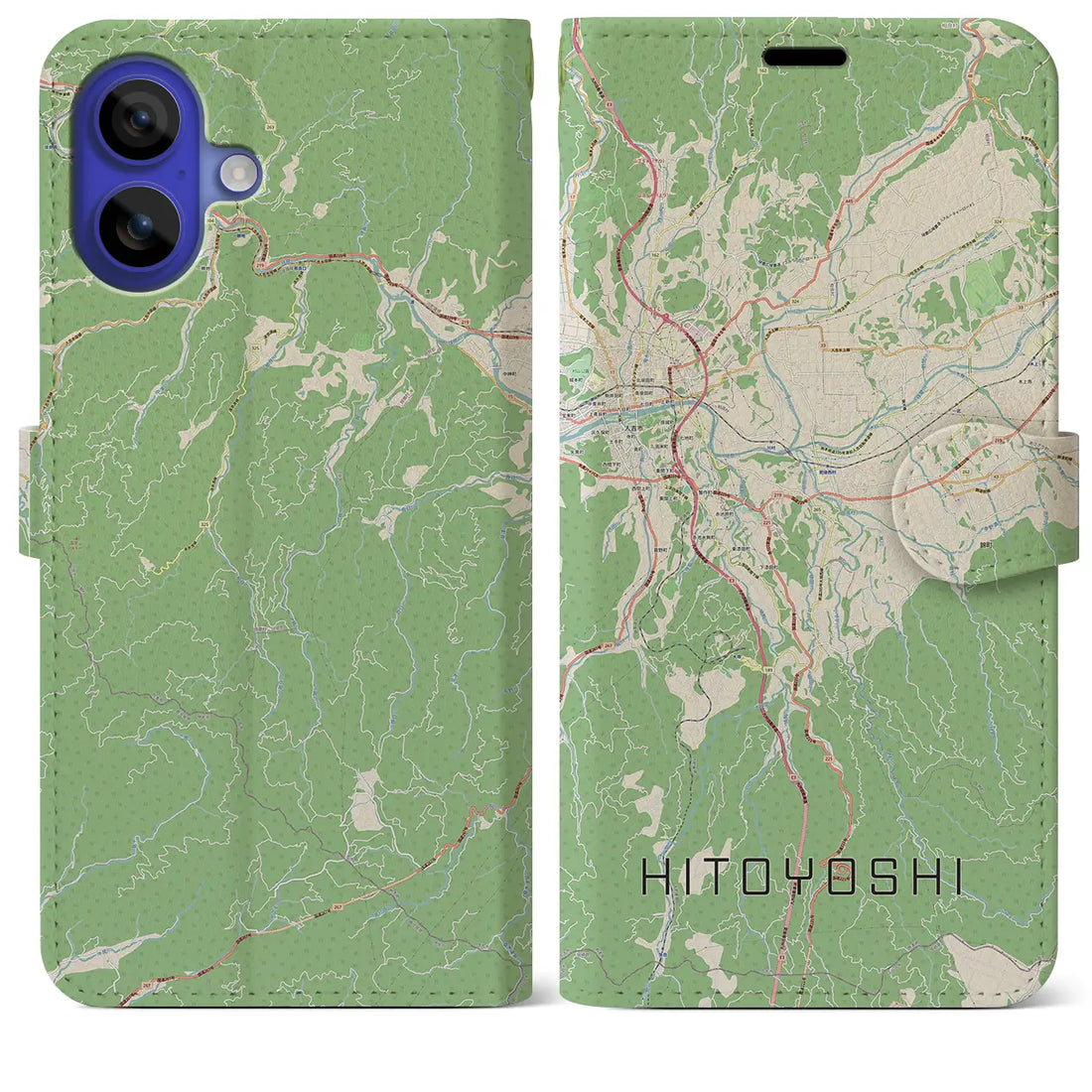 【人吉（熊本県）】地図柄iPhoneケース（手帳タイプ）ナチュラル・iPhone 16 Pro Max 用