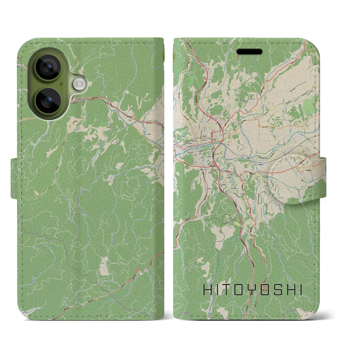 【人吉（熊本県）】地図柄iPhoneケース（手帳タイプ）ナチュラル・iPhone 17 Pro Max 用