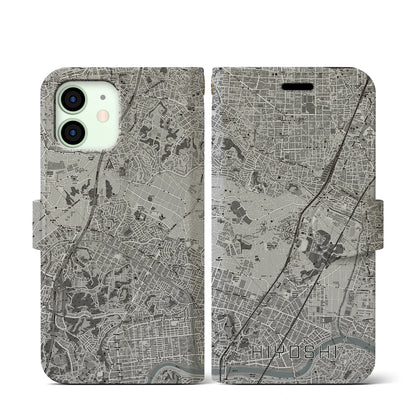 【日吉（神奈川県）】地図柄iPhoneケース（手帳タイプ）モノトーン・iPhone 12 mini 用