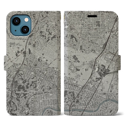 【日吉（神奈川県）】地図柄iPhoneケース（手帳タイプ）モノトーン・iPhone 13 用