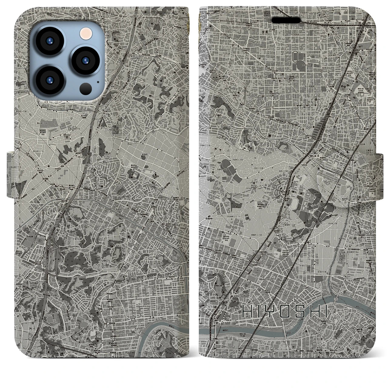 【日吉】地図柄iPhoneケース（手帳両面タイプ・モノトーン）iPhone 13 Pro Max 用
