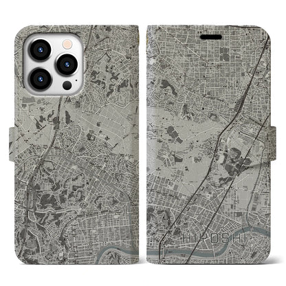 【日吉（神奈川県）】地図柄iPhoneケース（手帳タイプ）モノトーン・iPhone 13 Pro 用