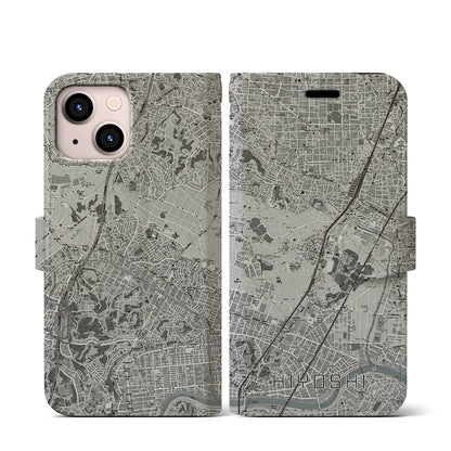 【日吉（神奈川県）】地図柄iPhoneケース（手帳タイプ）モノトーン・iPhone 13 mini 用