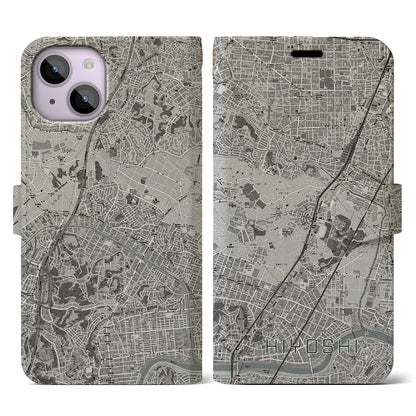 【日吉（神奈川県）】地図柄iPhoneケース（手帳タイプ）モノトーン・iPhone 14 用