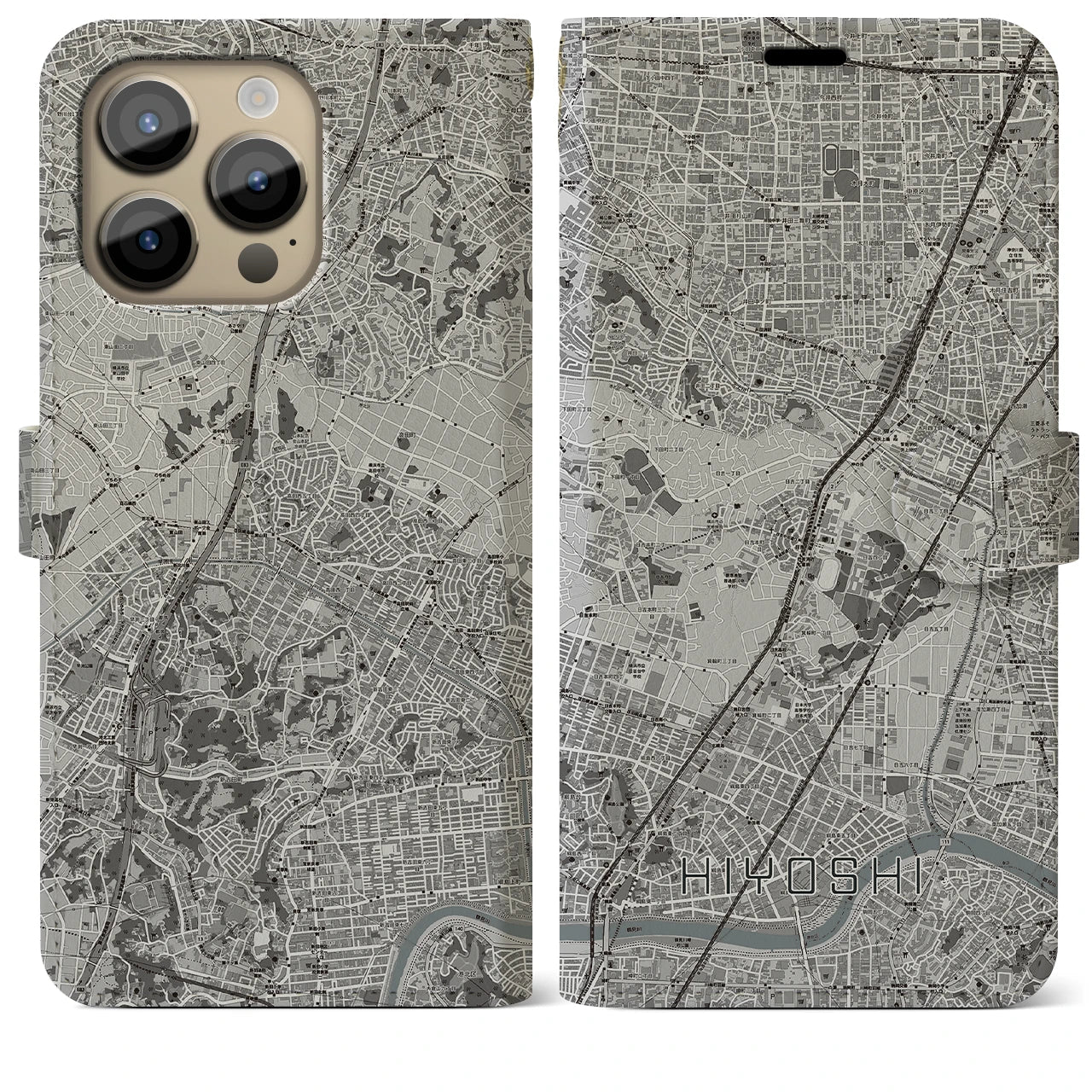 【日吉】地図柄iPhoneケース（手帳両面タイプ・モノトーン）iPhone 14 Pro Max 用