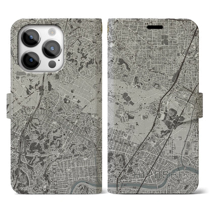 【日吉（神奈川県）】地図柄iPhoneケース（手帳タイプ）モノトーン・iPhone 14 Pro 用