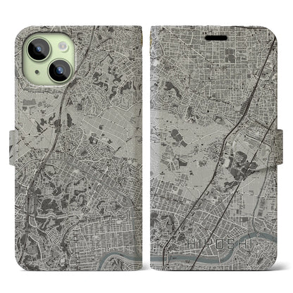 【日吉（神奈川県）】地図柄iPhoneケース（手帳タイプ）モノトーン・iPhone 15 用