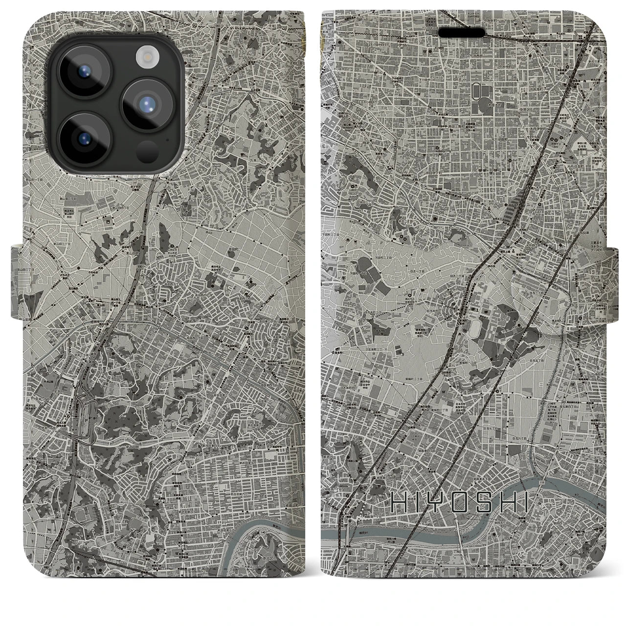 【日吉】地図柄iPhoneケース（手帳両面タイプ・モノトーン）iPhone 15 Pro Max 用