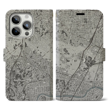 【日吉（神奈川県）】地図柄iPhoneケース（手帳タイプ）モノトーン・iPhone 15 Pro 用