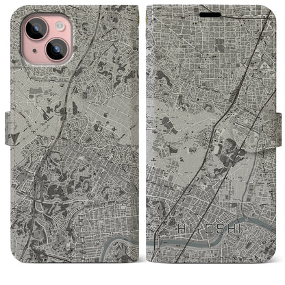 【日吉（神奈川県）】地図柄iPhoneケース（手帳タイプ）モノトーン・iPhone 15 Plus 用