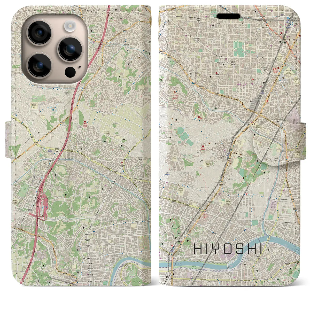 【日吉（神奈川県）】地図柄iPhoneケース（手帳タイプ）ナチュラル・iPhone 16 Plus 用