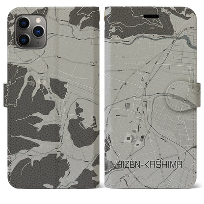 【肥前鹿島（佐賀県）】地図柄iPhoneケース（手帳タイプ）モノトーン・iPhone 11 Pro Max 用