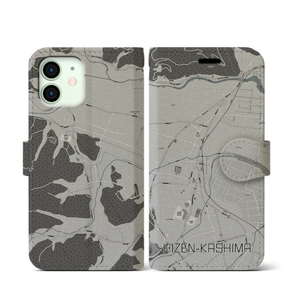 【肥前鹿島（佐賀県）】地図柄iPhoneケース（手帳タイプ）モノトーン・iPhone 12 mini 用