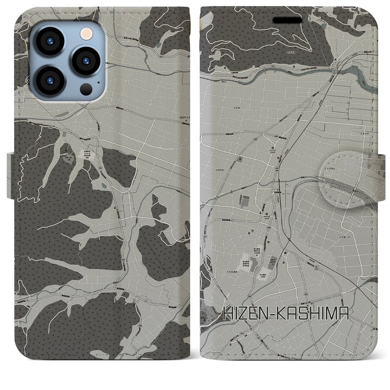【肥前鹿島】地図柄iPhoneケース（手帳両面タイプ・モノトーン）iPhone 13 Pro Max 用