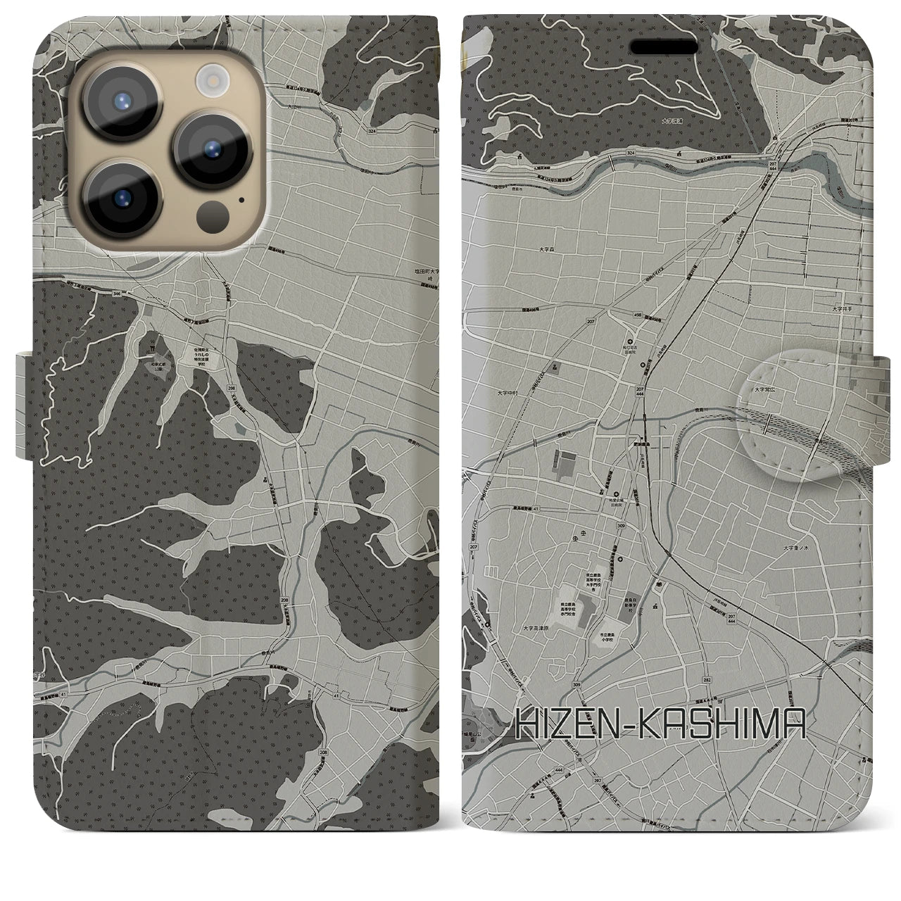 【肥前鹿島】地図柄iPhoneケース（手帳両面タイプ・モノトーン）iPhone 14 Pro Max 用