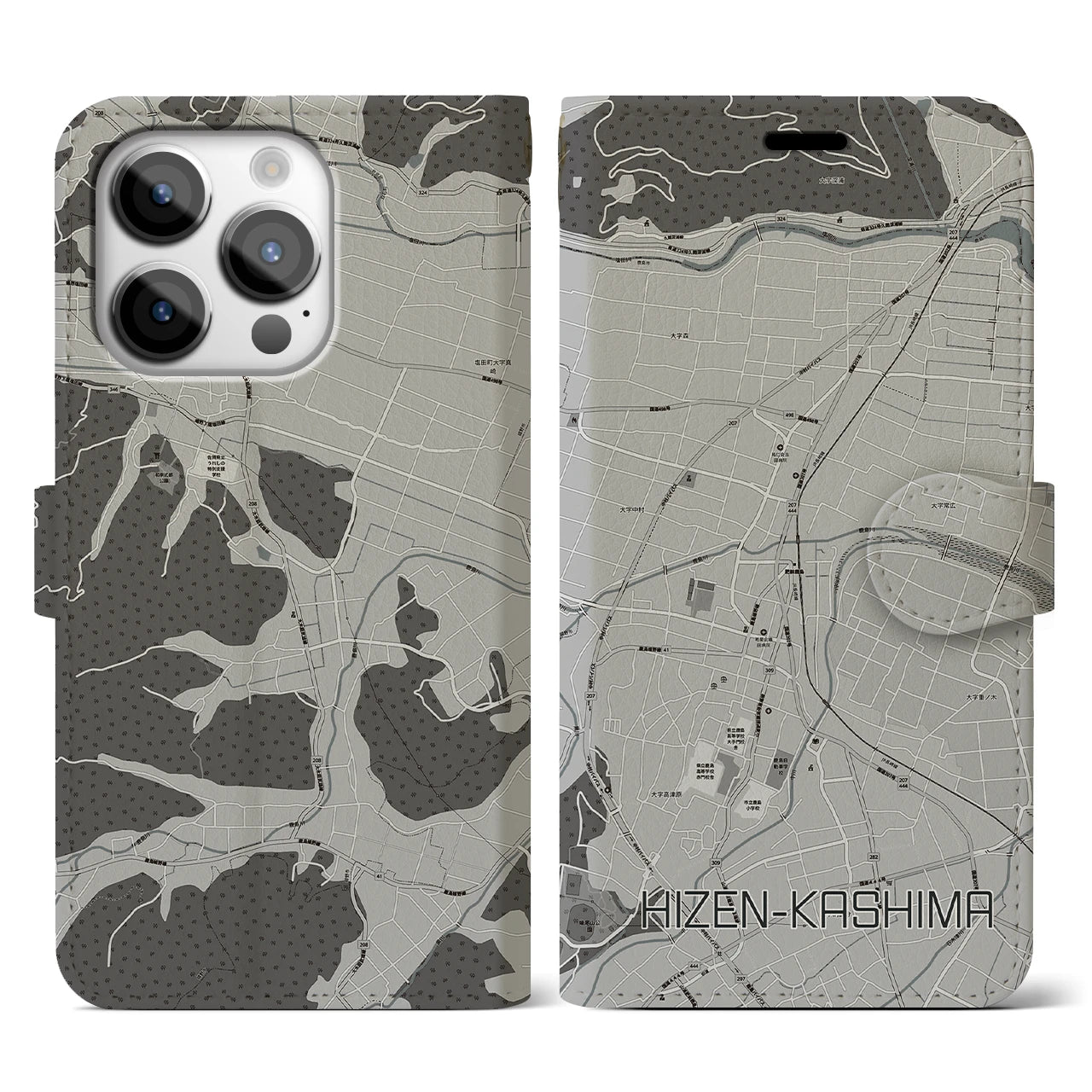 【肥前鹿島】地図柄iPhoneケース（手帳両面タイプ・モノトーン）iPhone 14 Pro 用