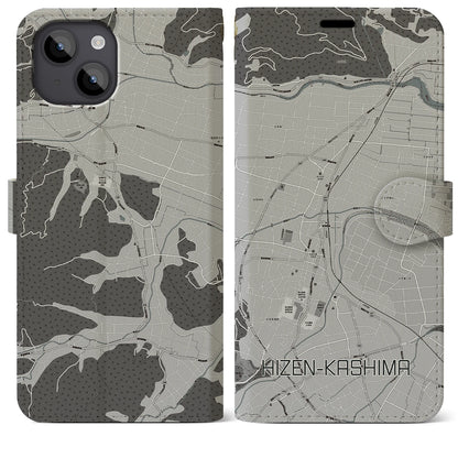 【肥前鹿島（佐賀県）】地図柄iPhoneケース（手帳タイプ）モノトーン・iPhone 14 Plus 用