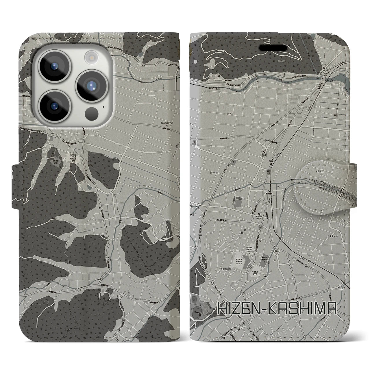 【肥前鹿島】地図柄iPhoneケース（手帳両面タイプ・モノトーン）iPhone 15 Pro 用