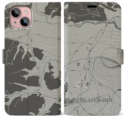 【肥前鹿島（佐賀県）】地図柄iPhoneケース（手帳タイプ）モノトーン・iPhone 15 Plus 用