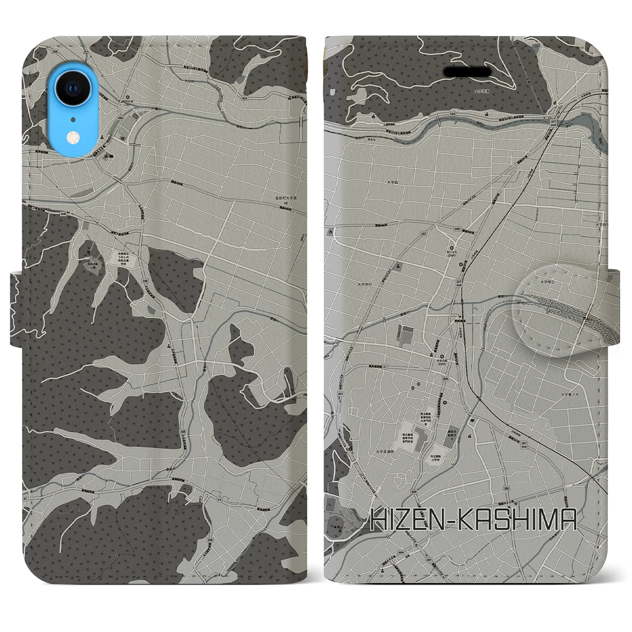 【肥前鹿島】地図柄iPhoneケース（手帳両面タイプ・モノトーン）iPhone XR 用