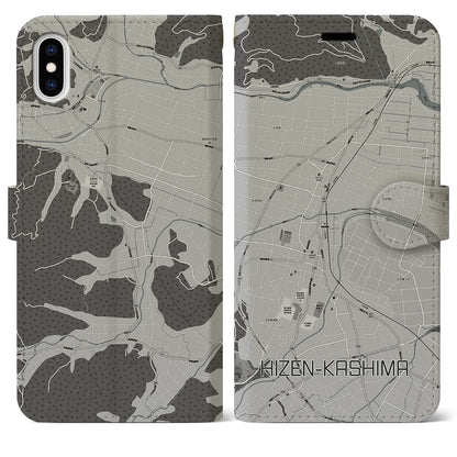 【肥前鹿島（佐賀県）】地図柄iPhoneケース（手帳タイプ）モノトーン・iPhone XS Max 用