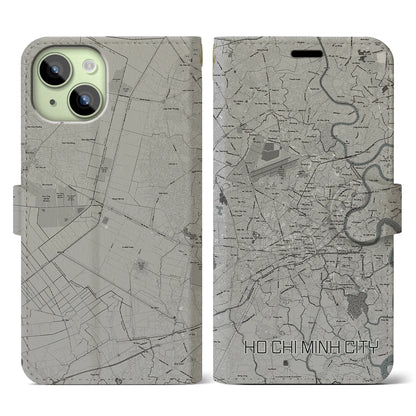 【ホーチミン（ベトナム）】地図柄iPhoneケース（手帳タイプ）モノトーン・iPhone 15 用
