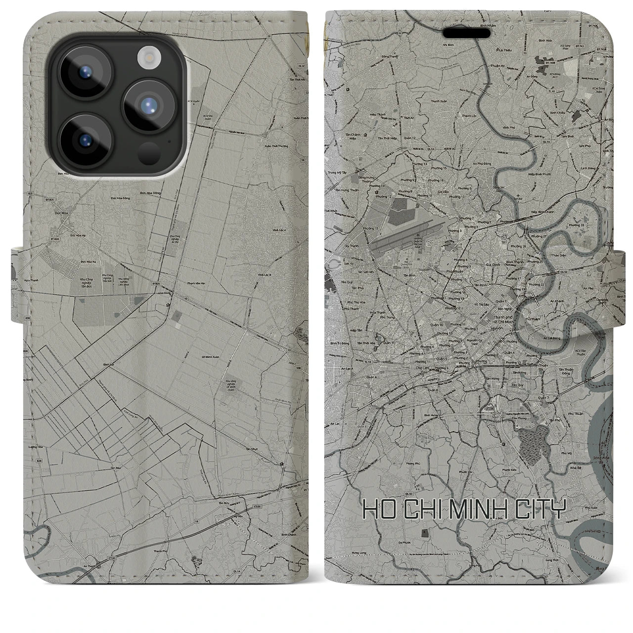 【ホーチミン】地図柄iPhoneケース（手帳両面タイプ・モノトーン）iPhone 15 Pro Max 用