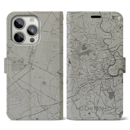 【ホーチミン（ベトナム）】地図柄iPhoneケース（手帳タイプ）モノトーン・iPhone 15 Pro 用