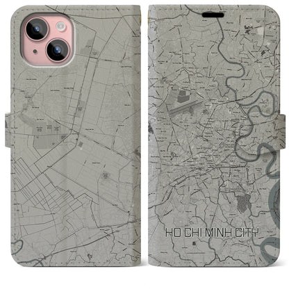 【ホーチミン（ベトナム）】地図柄iPhoneケース（手帳タイプ）モノトーン・iPhone 15 Plus 用