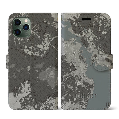 【ホバート（オーストラリア）】地図柄iPhoneケース（手帳タイプ）モノトーン・iPhone 11 Pro 用