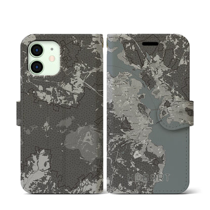 【ホバート（オーストラリア）】地図柄iPhoneケース（手帳タイプ）モノトーン・iPhone 12 mini 用