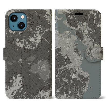 【ホバート（オーストラリア）】地図柄iPhoneケース（手帳タイプ）モノトーン・iPhone 13 用