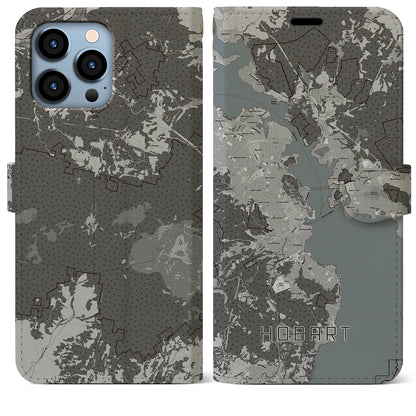 【ホバート（オーストラリア）】地図柄iPhoneケース（手帳タイプ）モノトーン・iPhone 13 Pro Max 用