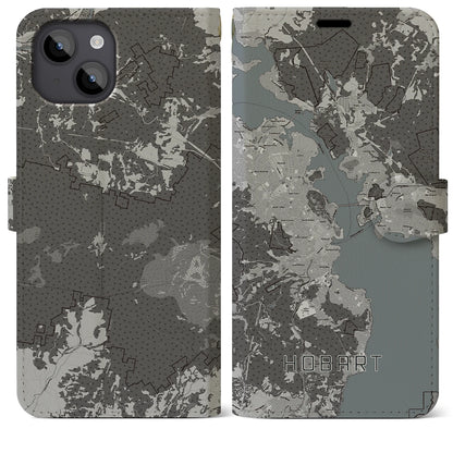 【ホバート（オーストラリア）】地図柄iPhoneケース（手帳タイプ）モノトーン・iPhone 14 Plus 用