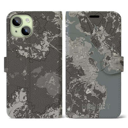 【ホバート（オーストラリア）】地図柄iPhoneケース（手帳タイプ）モノトーン・iPhone 15 用