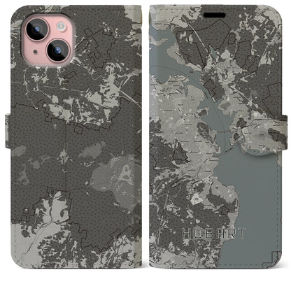 【ホバート（オーストラリア）】地図柄iPhoneケース（手帳タイプ）モノトーン・iPhone 15 Plus 用