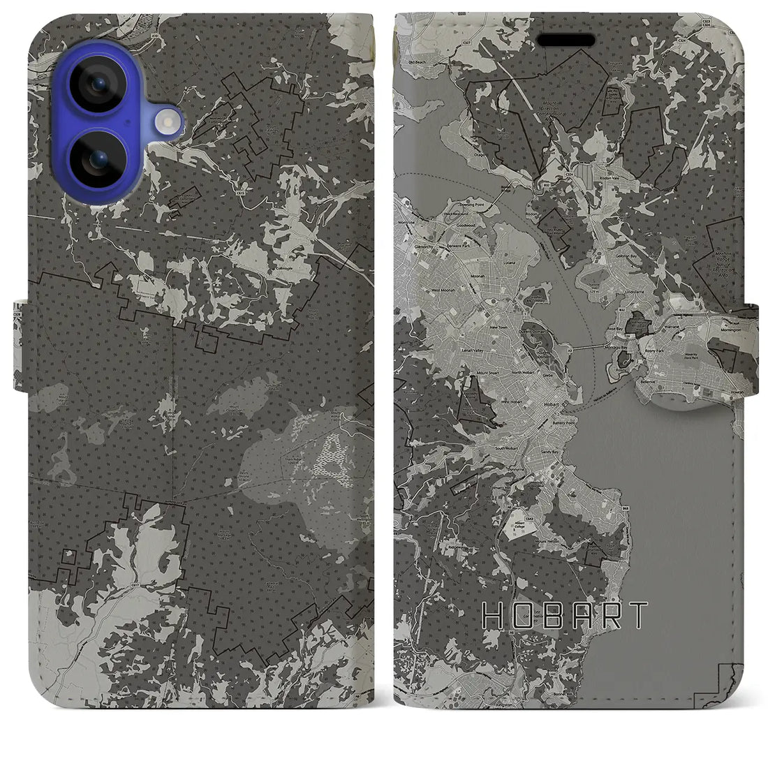 【ホバート(オーストラリア)】地図柄iPhoneケース(手帳タイプ)モノトーン・iPhone 16 Pro Max 用