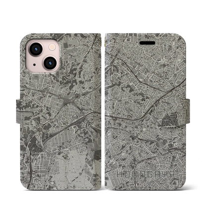 【保土ケ谷（神奈川県）】地図柄iPhoneケース（手帳タイプ）モノトーン・iPhone 13 mini 用