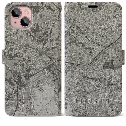 【保土ケ谷（神奈川県）】地図柄iPhoneケース（手帳タイプ）モノトーン・iPhone 15 Plus 用