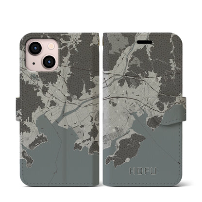 【防府（山口県）】地図柄iPhoneケース（手帳タイプ）モノトーン・iPhone 13 mini 用