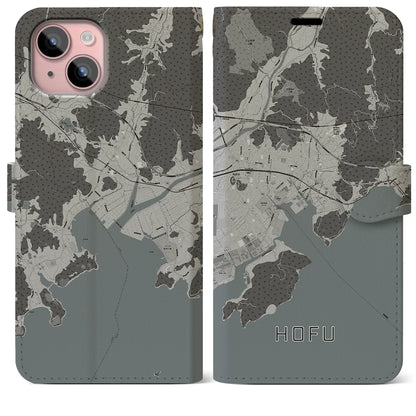 【防府（山口県）】地図柄iPhoneケース（手帳タイプ）モノトーン・iPhone 15 Plus 用