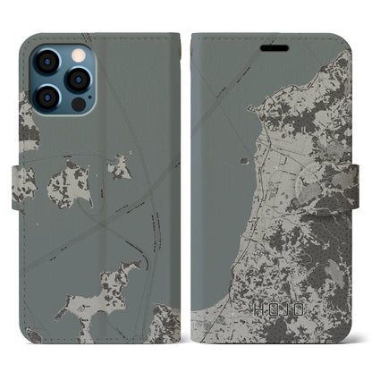 【北条（愛媛県）】地図柄iPhoneケース（手帳タイプ）モノトーン・iPhone 12 / 12 Pro 用