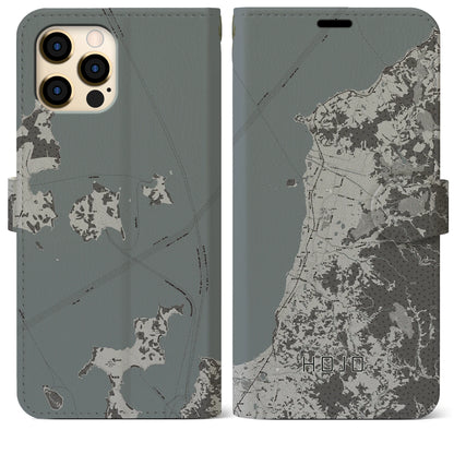 【北条（愛媛県）】地図柄iPhoneケース（手帳タイプ）モノトーン・iPhone 12 Pro Max 用