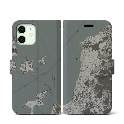 【北条（愛媛県）】地図柄iPhoneケース（手帳タイプ）モノトーン・iPhone 12 mini 用