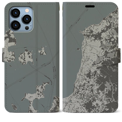 【北条（愛媛県）】地図柄iPhoneケース（手帳タイプ）モノトーン・iPhone 13 Pro Max 用