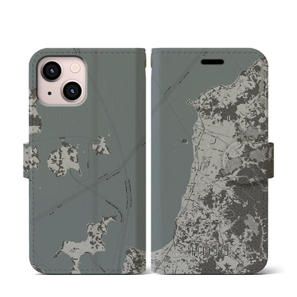 【北条（愛媛県）】地図柄iPhoneケース（手帳タイプ）モノトーン・iPhone 13 mini 用