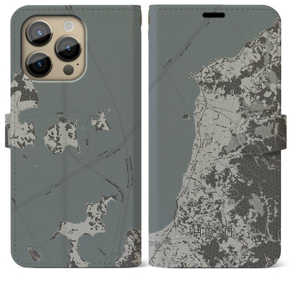 【北条（愛媛県）】地図柄iPhoneケース（手帳タイプ）モノトーン・iPhone 14 Pro Max 用