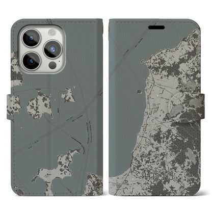 【北条（愛媛県）】地図柄iPhoneケース（手帳タイプ）モノトーン・iPhone 15 Pro 用